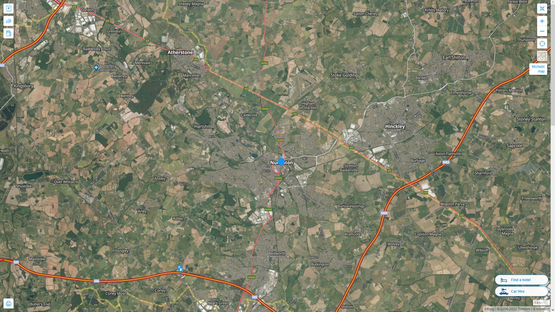 Nuneaton Royaume Uni Autoroute et carte routiere avec vue satellite